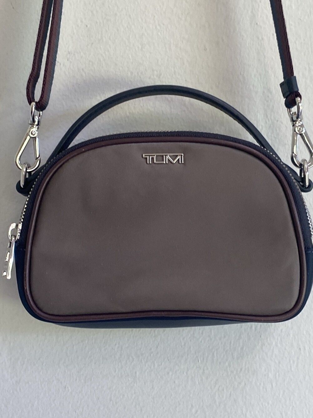 TUMI Gray/Navy Nylon Leather Small Double Zip Crossbody Bag
